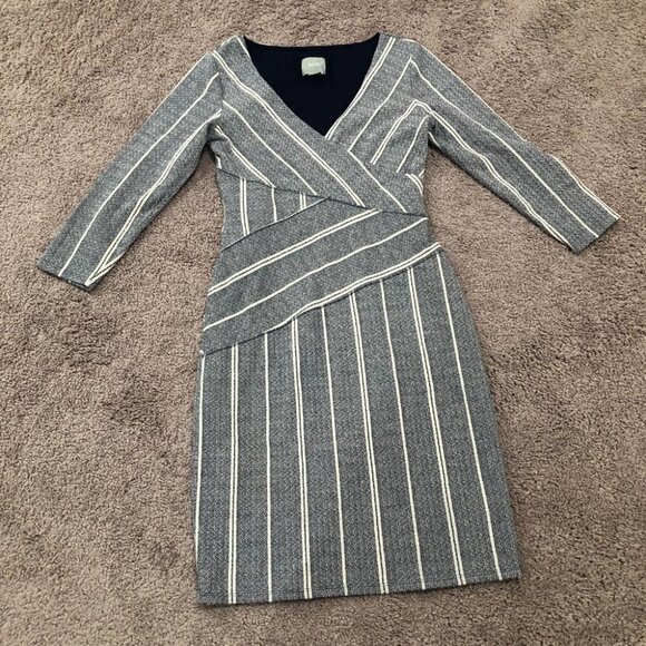 Maeve Blue and White Faux Body Wrap Striped Column Dress Anthropologie Sz Small - Picture 2 of 10